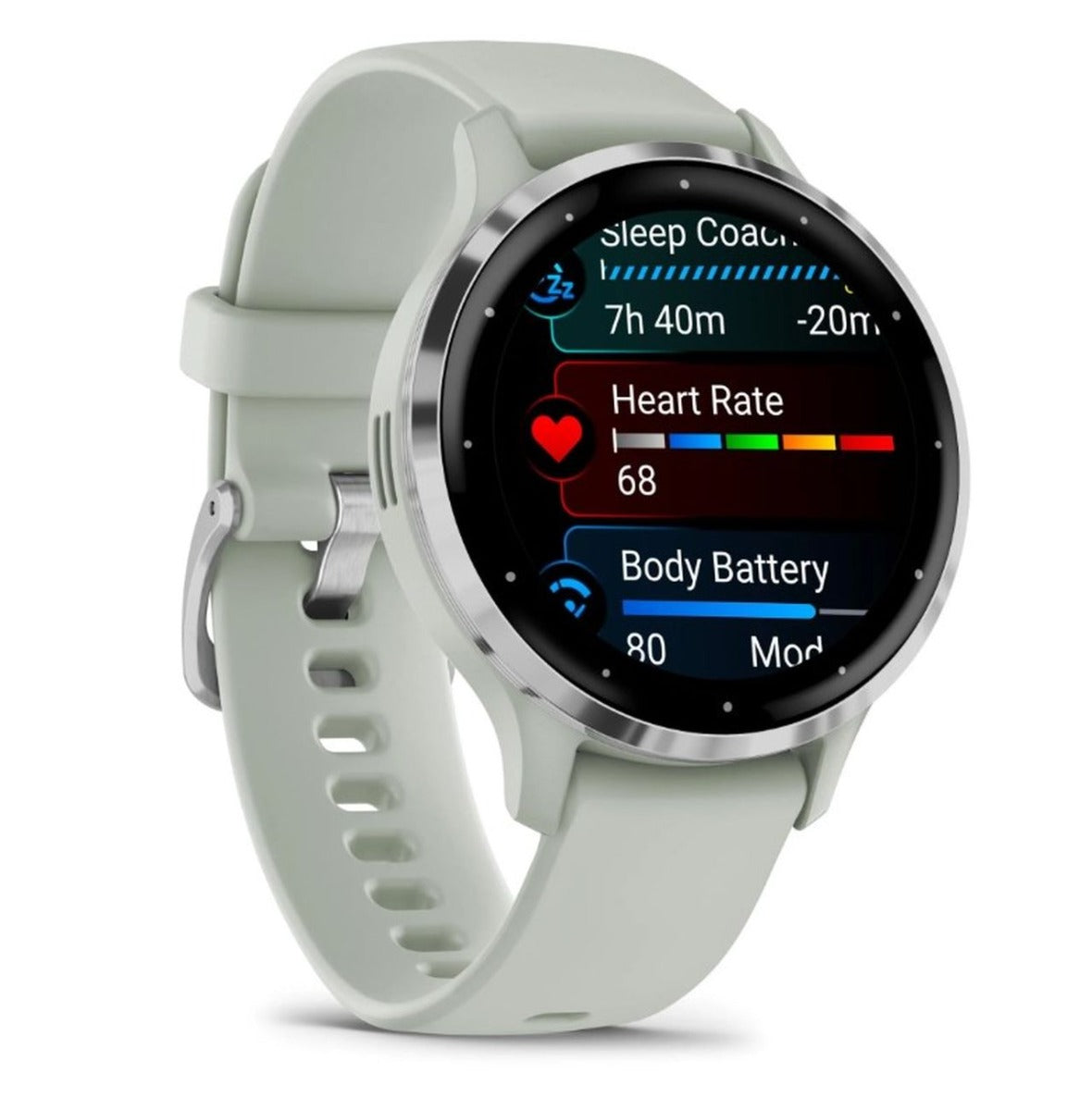 Garmin Venu 3S Sports Watch - Silver Stainless Steel Bezel with Sage Grey Case and Silicone Band