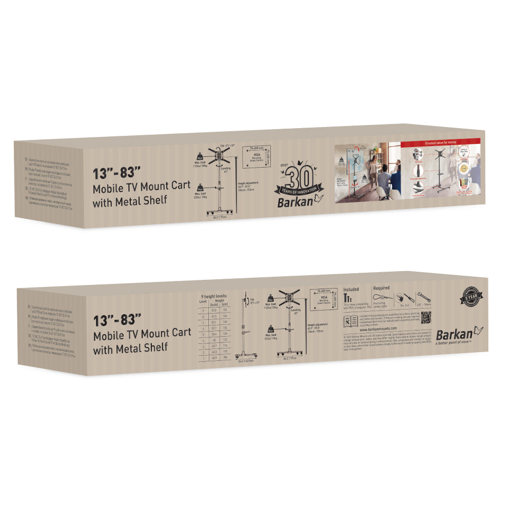 Barkan - Mobile TV Cart w Tilt & Height Adjust Stand to suit 13-83" - Wholesales Supply