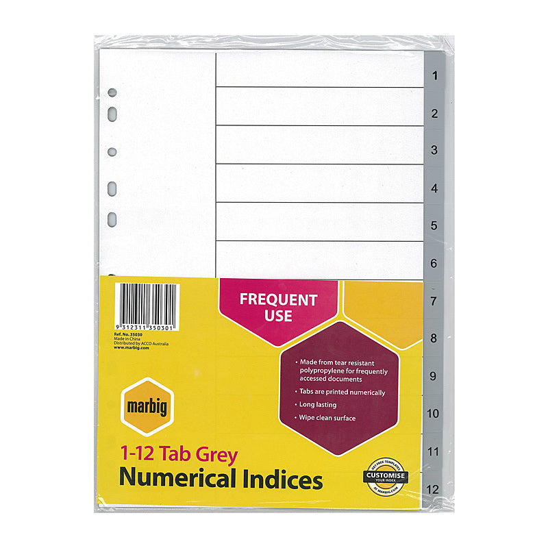 Mbg Indices Grey PP A4 1-12Tab - Wholesales Supply