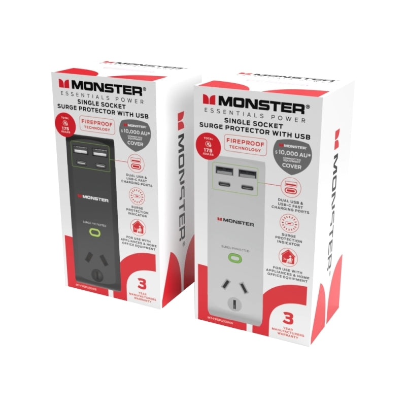 Monster 1-Port+USB Surge Black - Wholesales Supply