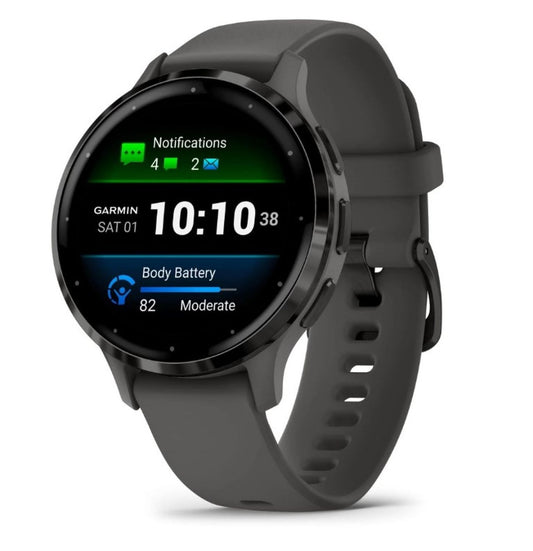 Garmin Venu 3S Sports Watch - Slate Stainless Steel Bezel with Pebble Gray Case and Silicone Band