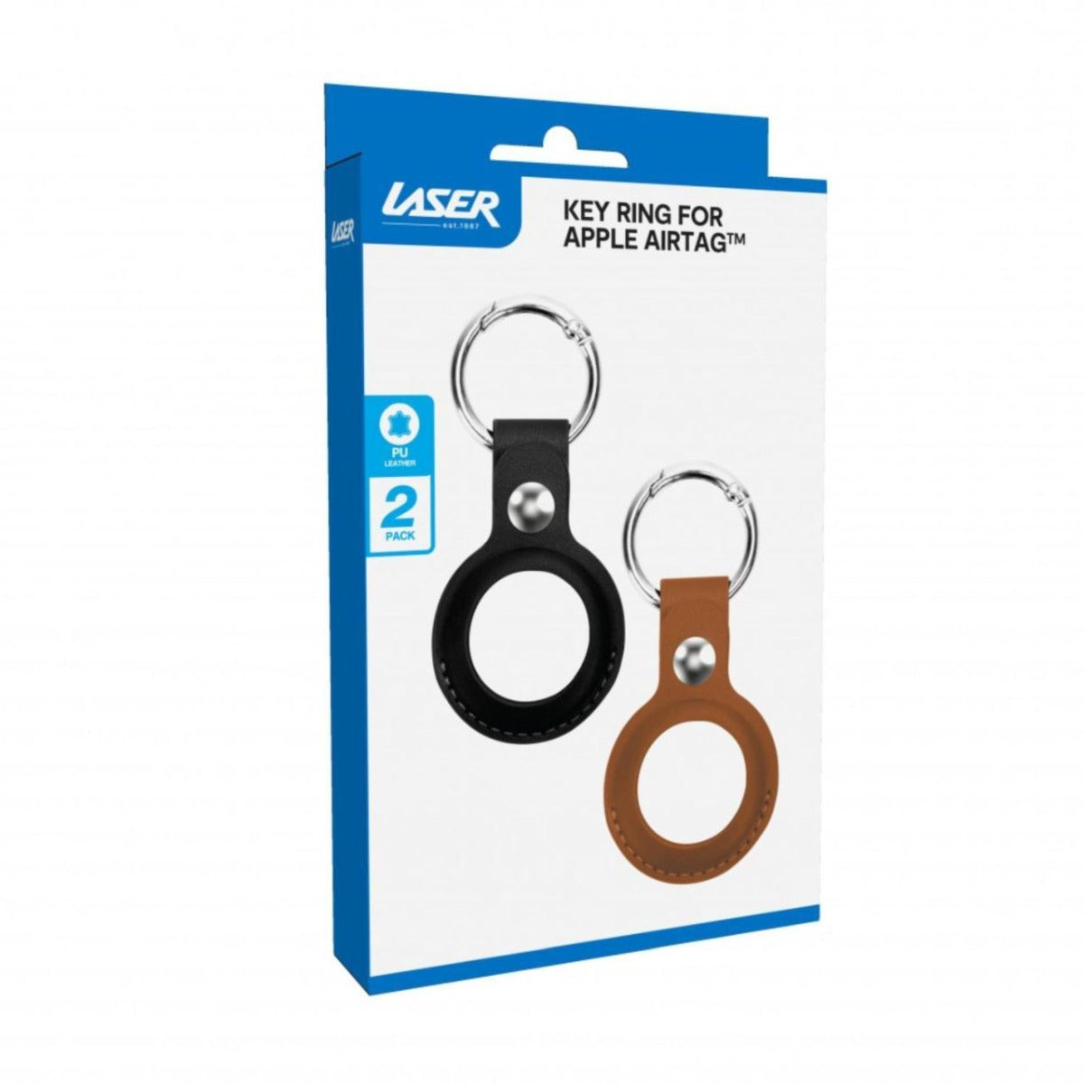 Laser PU Leather Key Ring for Apple AirTag - 2 Pack Black and Brown