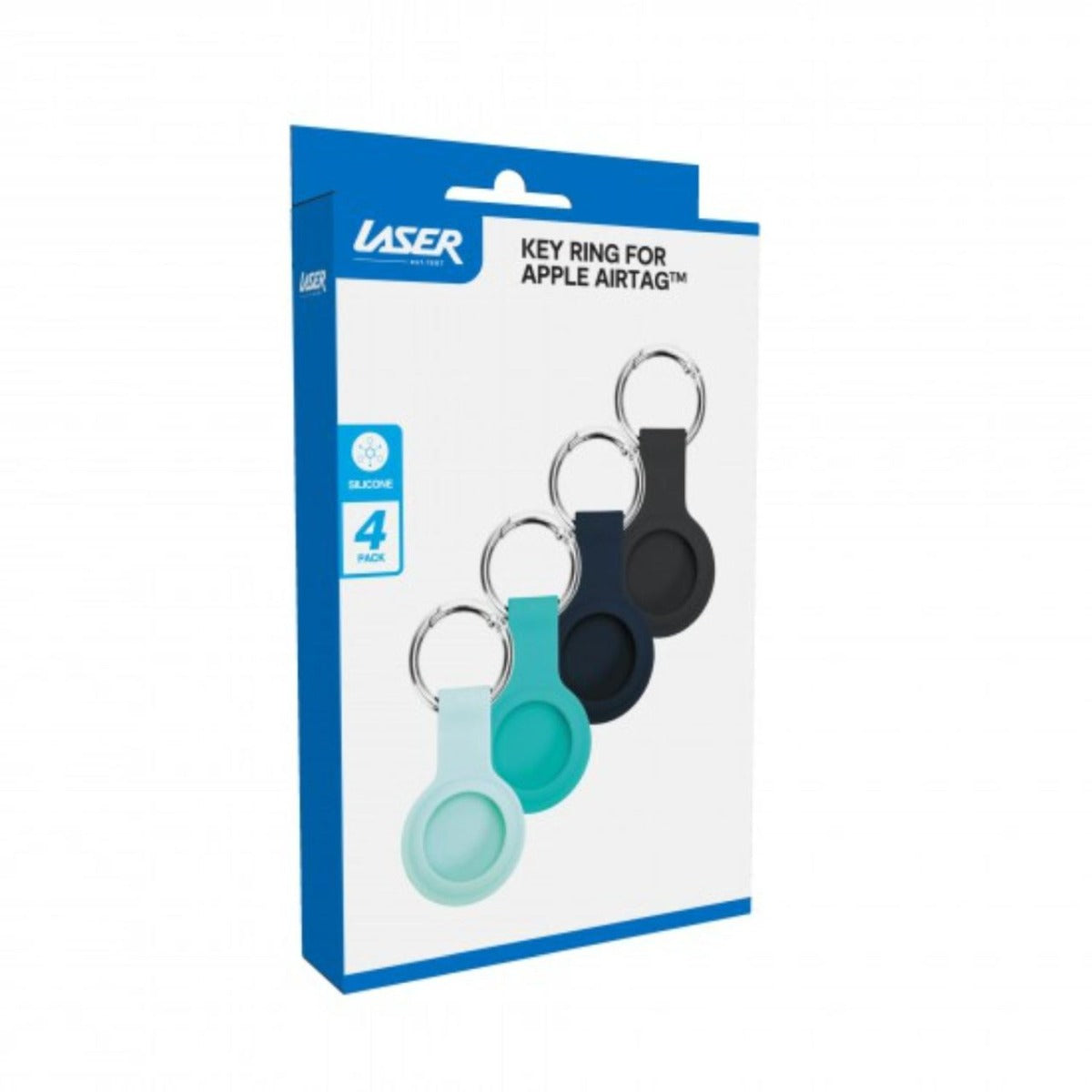 Laser Silicone Key Ring for Apple AirTag Black and Aqua - 4 Pack