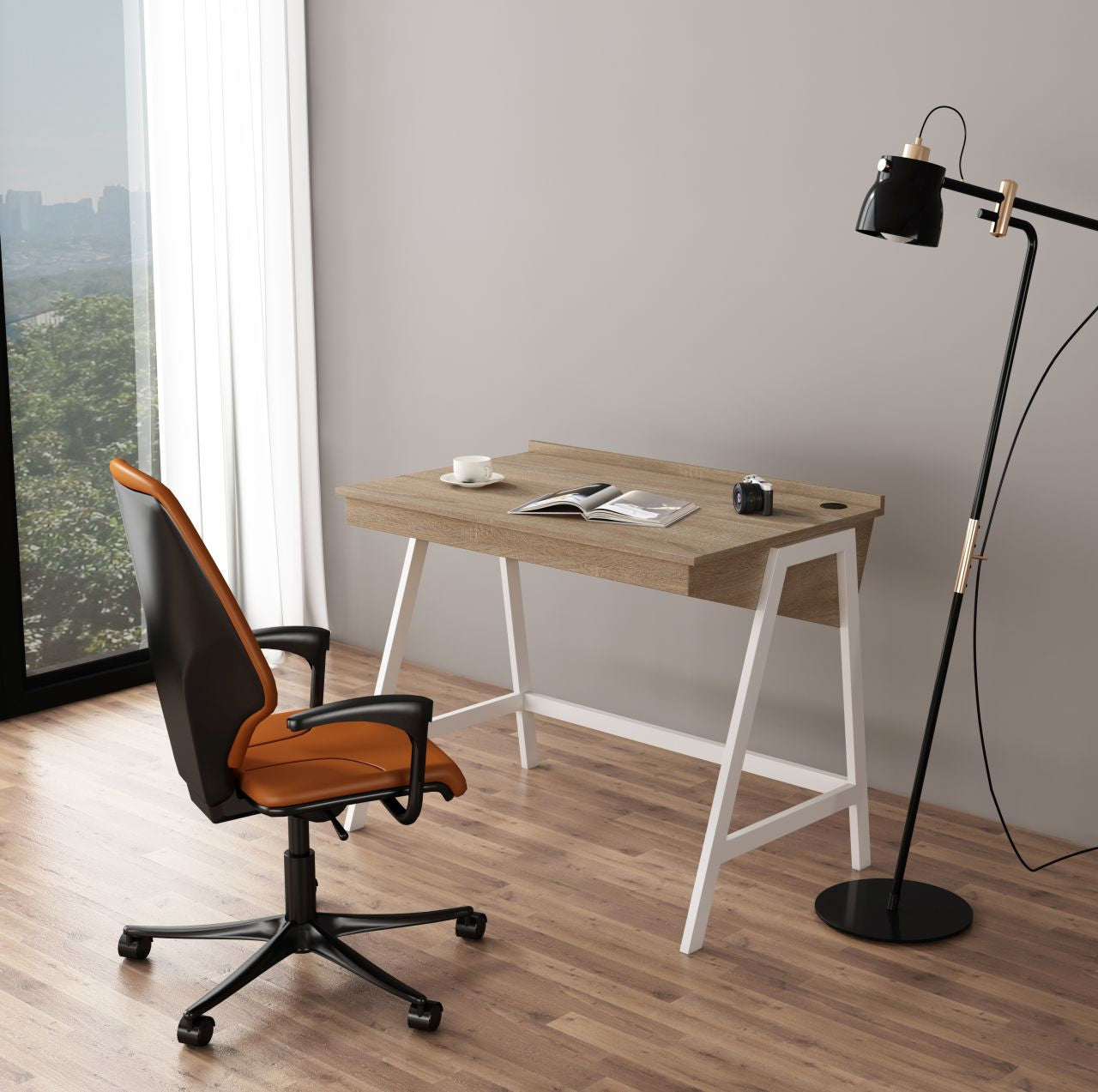 Workzone Aspect Desk Light Oak Wood Desk with White Metal Frame