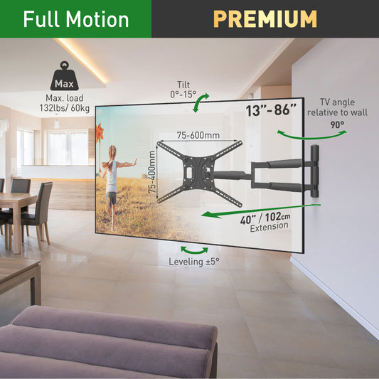 Barkan - Full Motion Extra Long TV Wall Mount to suit 13"-86"
