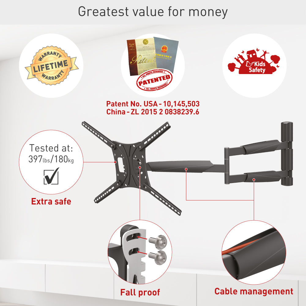 Barkan - Full Motion Extra Long TV Wall Mount to suit 13"-86"