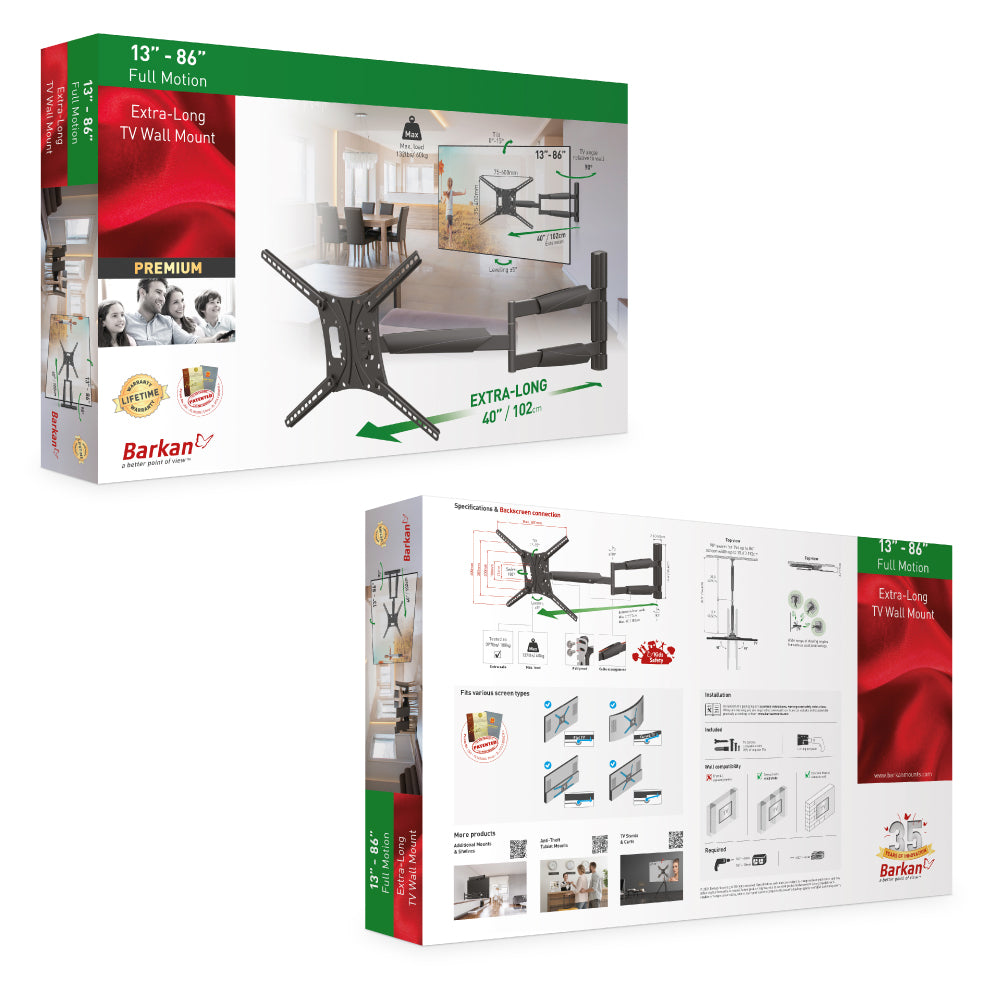 Barkan - Full Motion Extra Long TV Wall Mount to suit 13"-86"