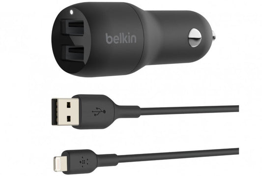 Belkin BoostCharge 24W Dual USB-A Car Charger with USB-A to Lighting Cable