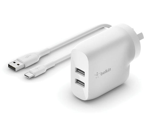 Belkin BoostCharge 24W Dual USB-A Wall Charger with USB-A to USB-C Cable - Wholesales Supply