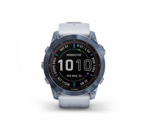 Garmin Fenix 7 Sapphire Solar Watch - Mineral Blue Titanium with Whitestone Band - Wholesales Supply