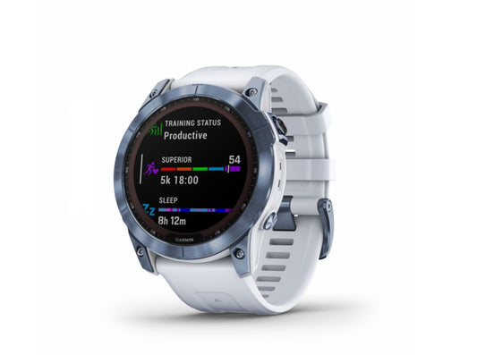 Garmin Fenix 7 Sapphire Solar Watch - Mineral Blue Titanium with Whitestone Band - Wholesales Supply