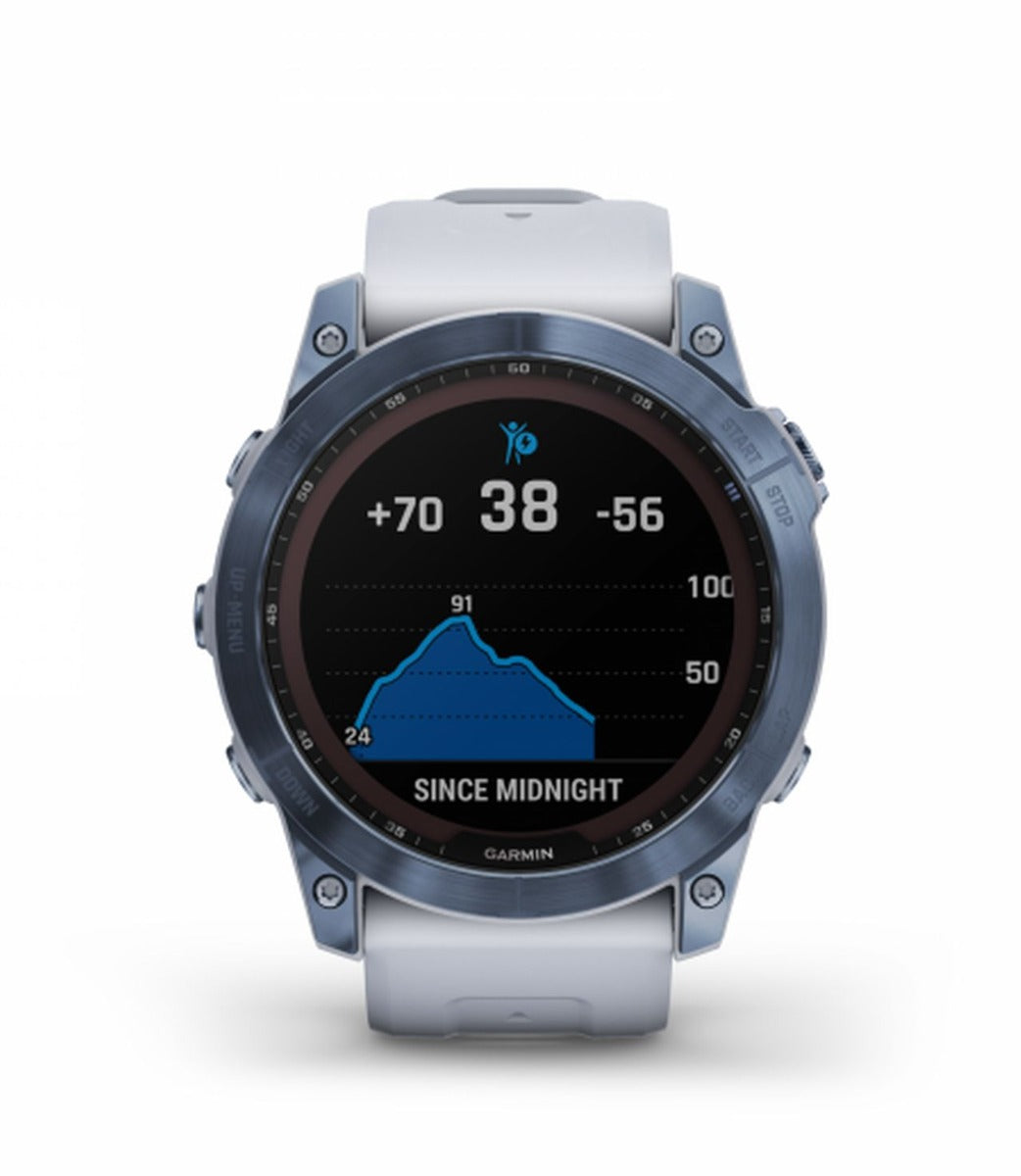 Garmin Fenix 7X Sapphire Solar Watch - Mineral Blue Titanium with Whitestone Band - Wholesales Supply