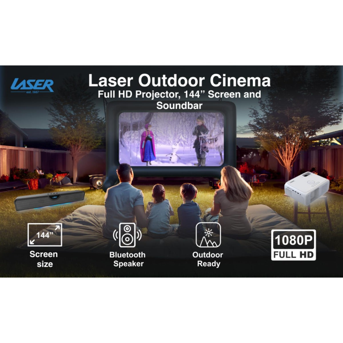 Laser - Outdoor Cinema Bundle - Full HD Projector, 144" Screen & Soundbar - Wholesales Supply