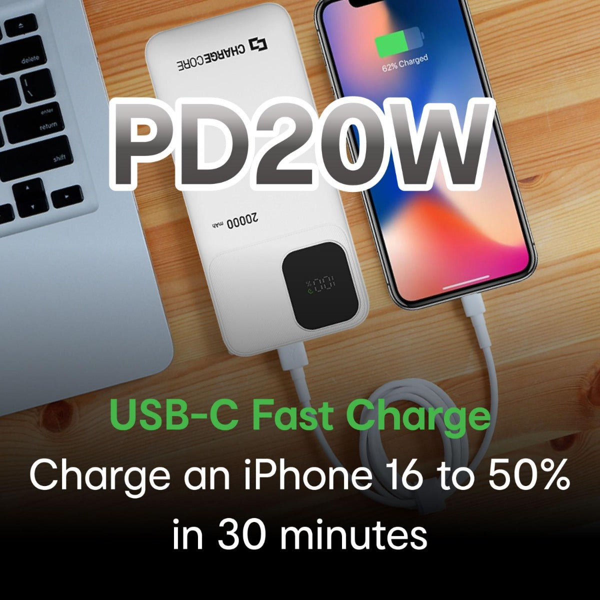 Laser - ChargeCore SafeCharge Max 20K Powerbank - White - Wholesales Supply