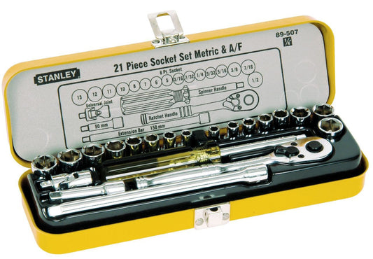 Stanley - Combo A/F & Metric Socket Set, 21 Piece - Stainless Steel/Yellow - Wholesales Supply