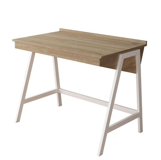 Workzone Aspect Desk Light Oak Wood Desk with White Metal Frame - Wholesales Supply