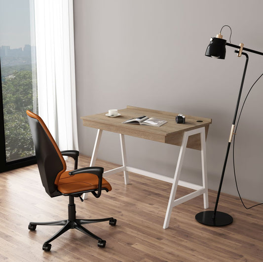 Workzone Aspect Desk Light Oak Wood Desk with White Metal Frame - Wholesales Supply