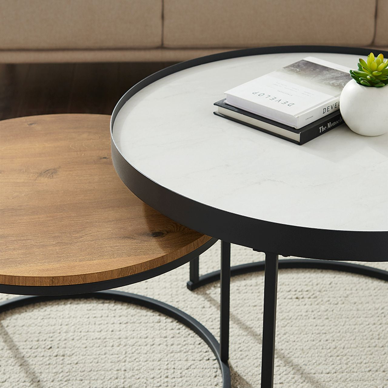 Criterion Nesting coffee table set. White/oak (762D x 508H)