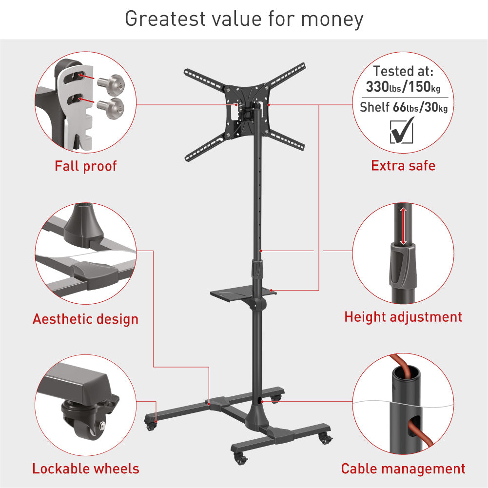 Barkan - Mobile TV Cart w Tilt & Height Adjust Stand to suit 13-83"