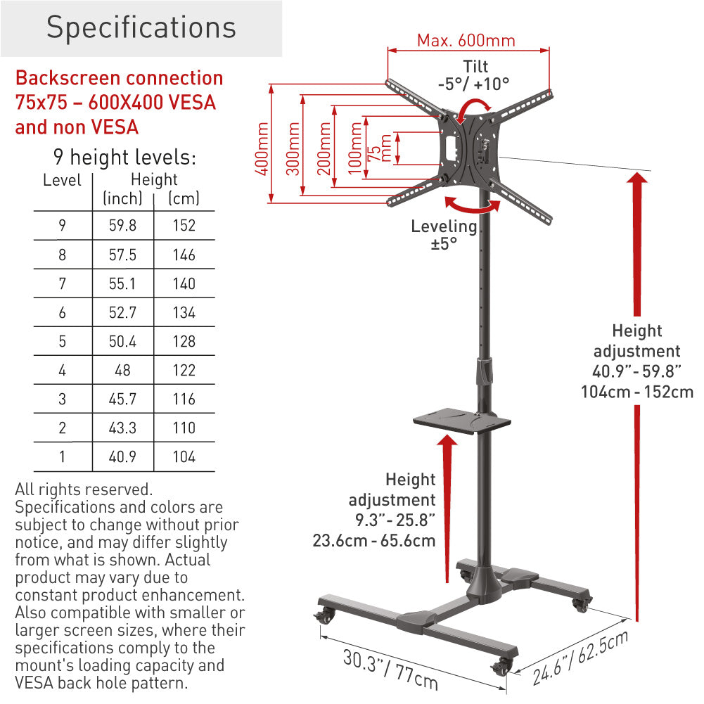 Barkan - Mobile TV Cart w Tilt & Height Adjust Stand to suit 13-83"
