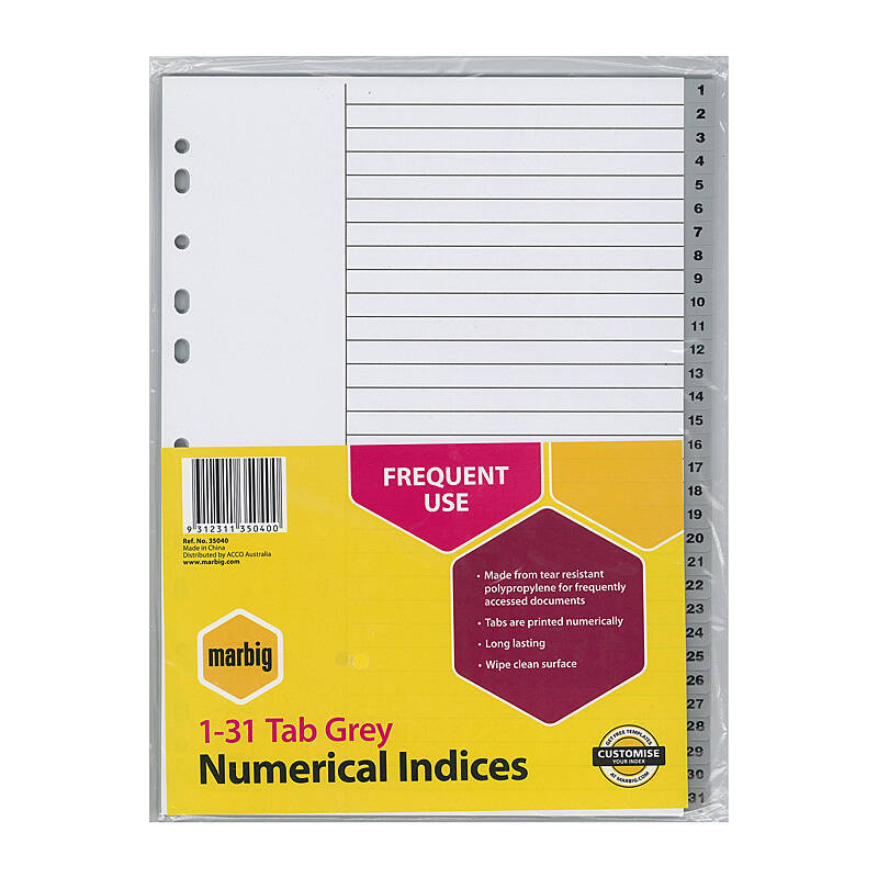 Mbg Indices Grey PP A4 1-31Tab - Wholesales Supply