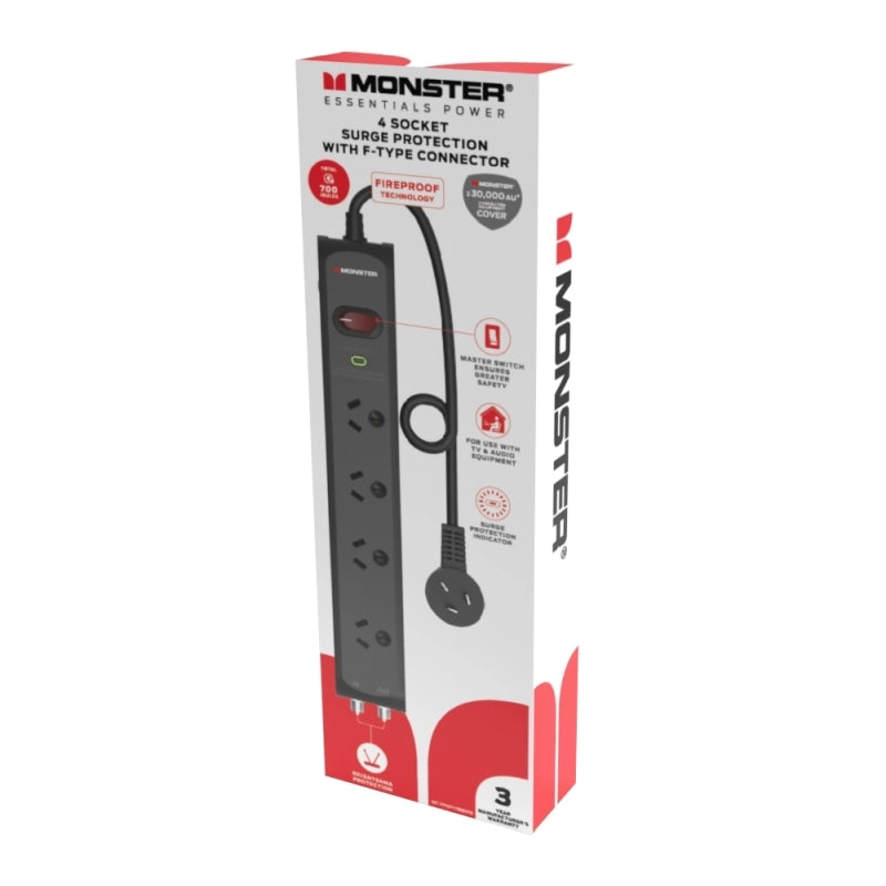 Monster 4-Port Surge+RF Black - Wholesales Supply