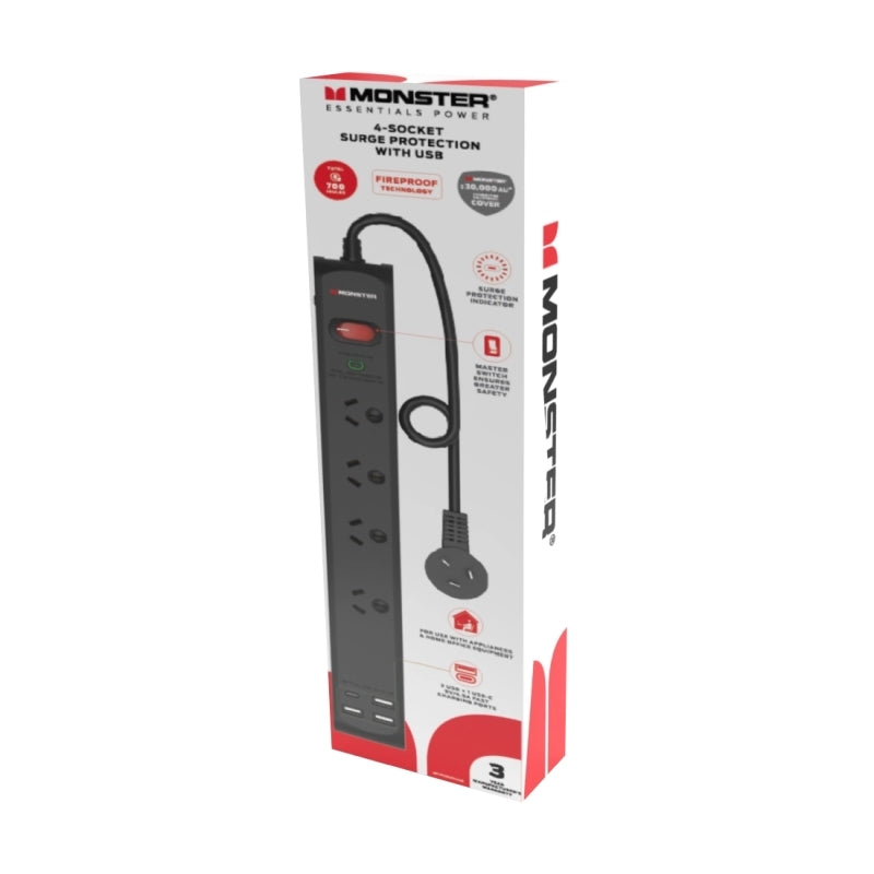 Monster 4-Port Surge+USB Black - Wholesales Supply
