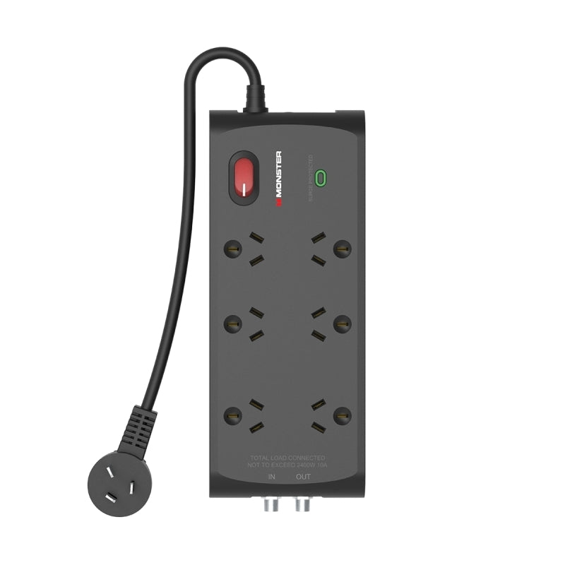 Monster 6-Port Surge+RF Black - Wholesales Supply