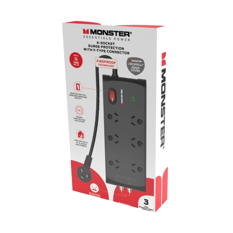 Monster 6-Port Surge+RF Black - Wholesales Supply
