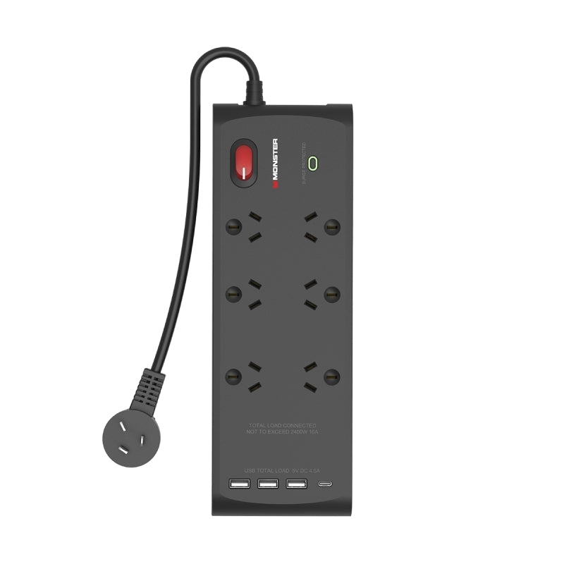 Monster 6-Port Surge+USB Black - Wholesales Supply