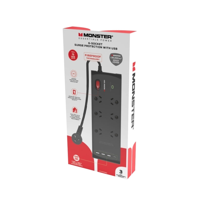 Monster 6-Port Surge+USB Black - Wholesales Supply